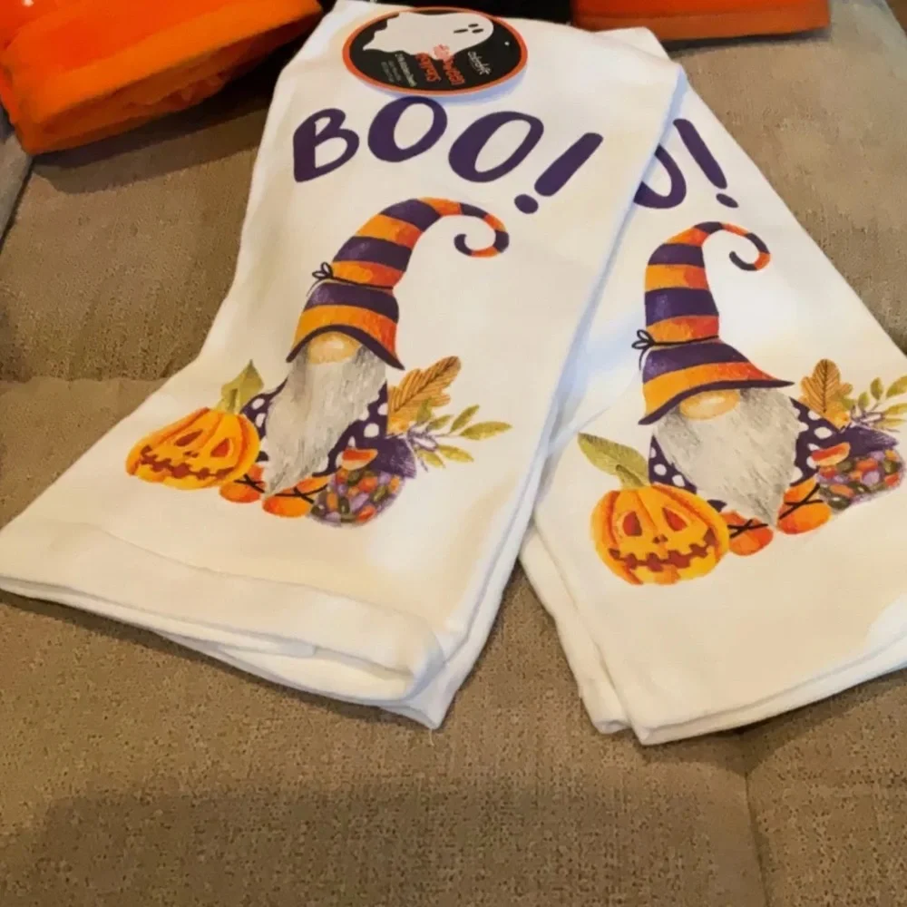Halloween Kitchen Towels Set of 2 BOO! Adorable Purple and Orange GNOME NEW